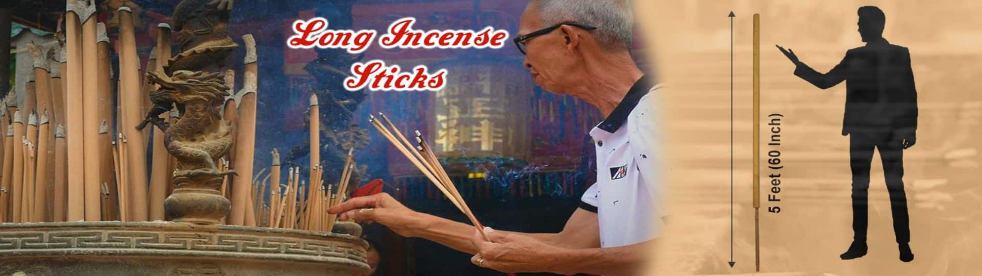 Person lighting long incense sticks in a temple beside a dragon urn; banner reads 'Long Incense Sticks'.